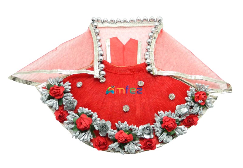 Red Silver Flower Stone Buds Work Durga Dress