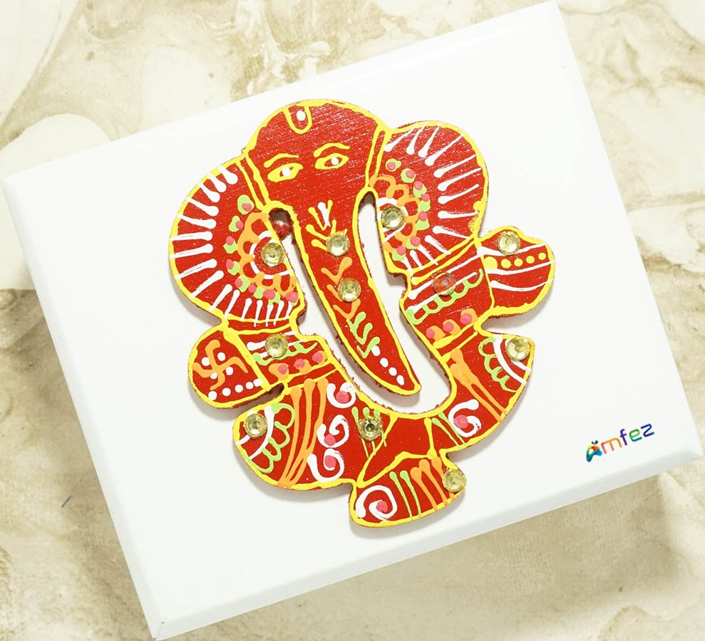 Red Wooden Stone Work Ganesha